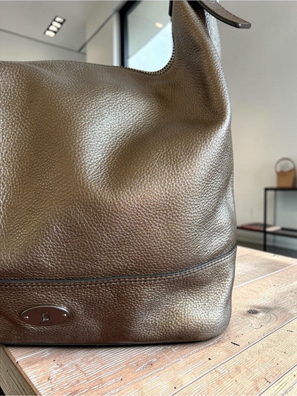 Fossil Metallic Bronze Gold Pebbled Leather Shoulder Hobo - Picture 6 of 15